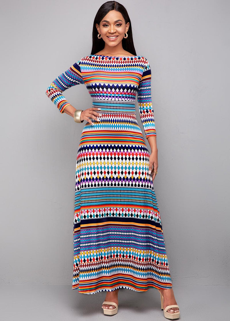 Long Sleeve Bohemian Print High Waist Dress