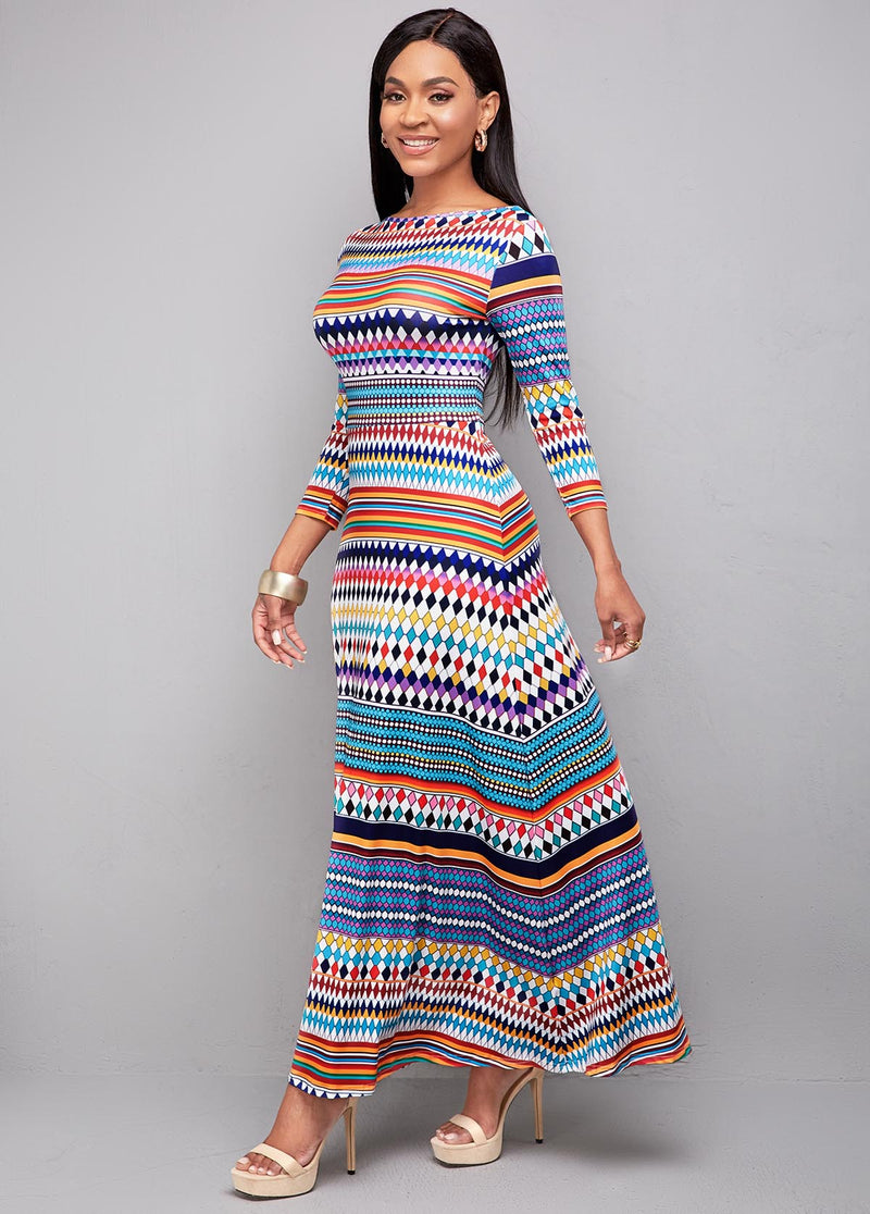 Long Sleeve Bohemian Print High Waist Dress