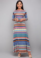 Long Sleeve Bohemian Print High Waist Dress