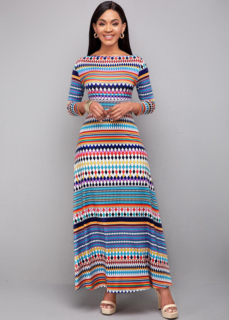 Long Sleeve Bohemian Print High Waist Dress