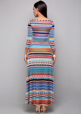 Long Sleeve Bohemian Print High Waist Dress