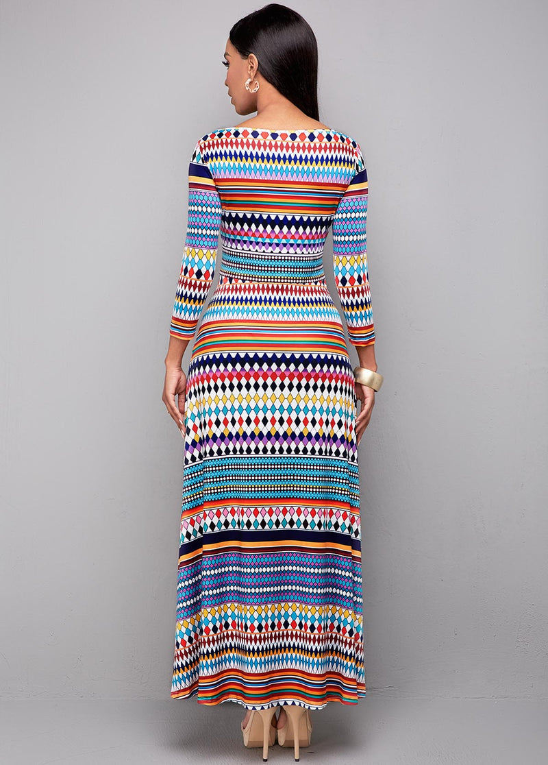 Long Sleeve Bohemian Print High Waist Dress