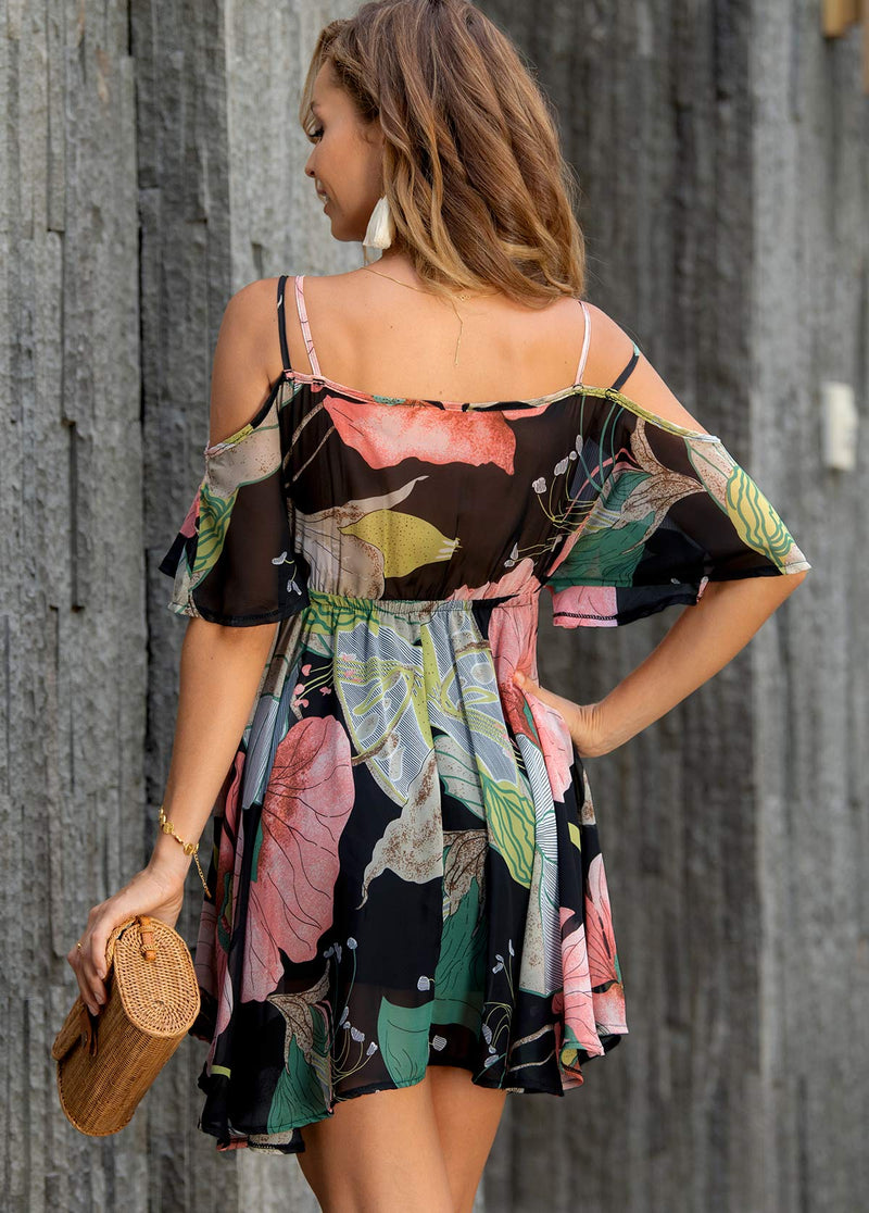 Floral Print Strappy Cold Shoulder Dress