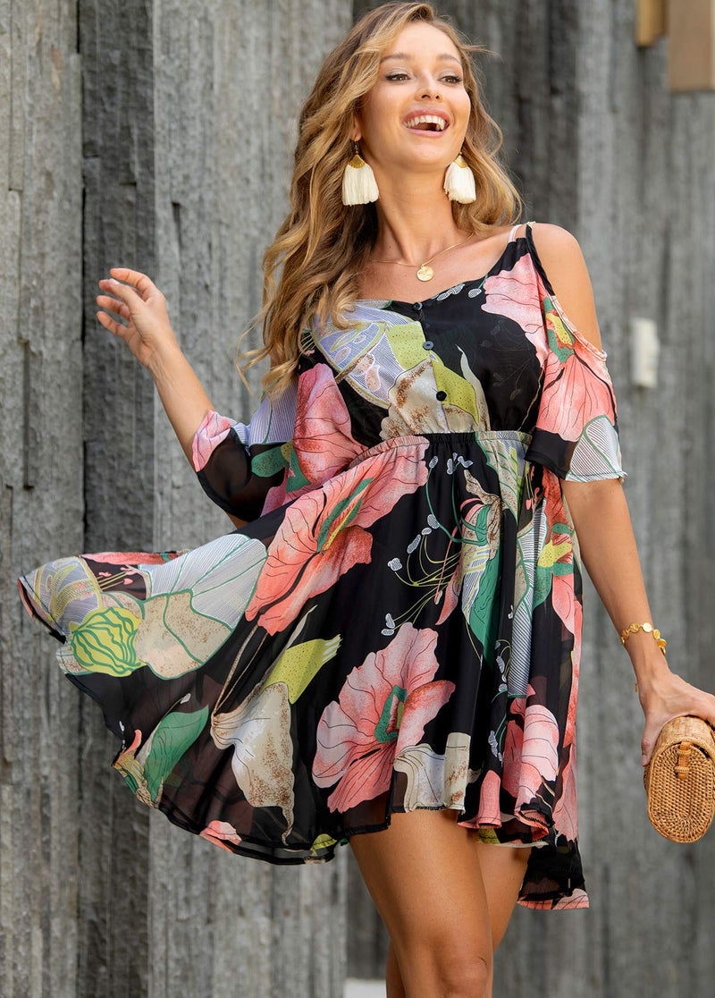 Floral Print Strappy Cold Shoulder Dress