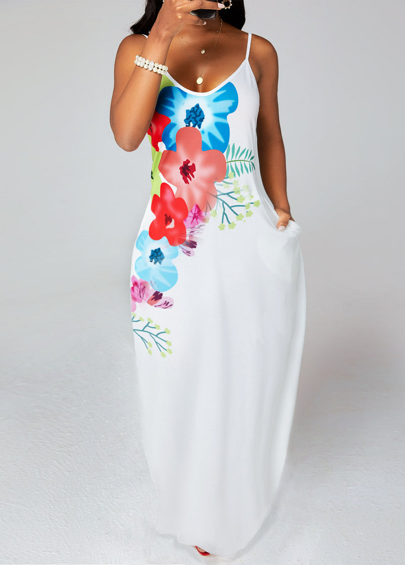 Floral Print Double Pockets Maxi Dress