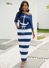 Skew Neck T Shirt and Drawstring Waist Striped Skirt