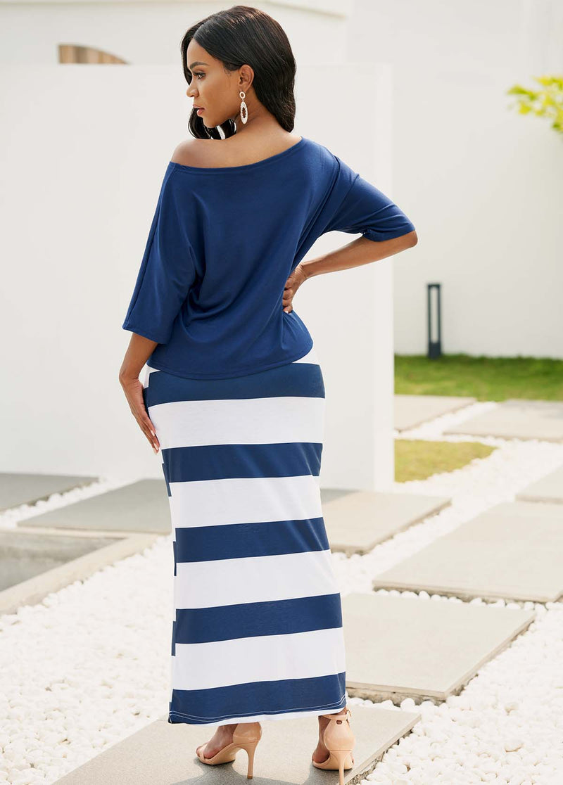 Skew Neck T Shirt and Drawstring Waist Striped Skirt