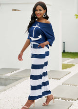 Skew Neck T Shirt and Drawstring Waist Striped Skirt