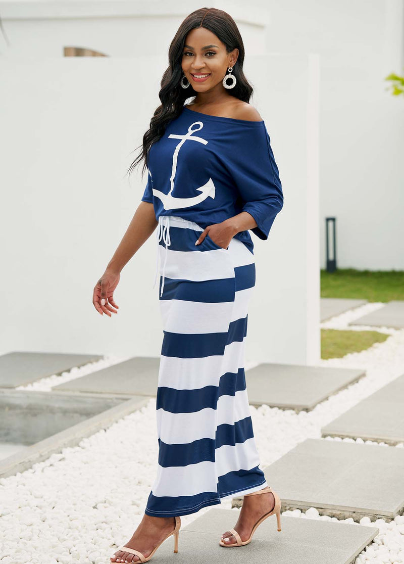 Skew Neck T Shirt and Drawstring Waist Striped Skirt
