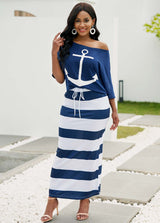 Skew Neck T Shirt and Drawstring Waist Striped Skirt