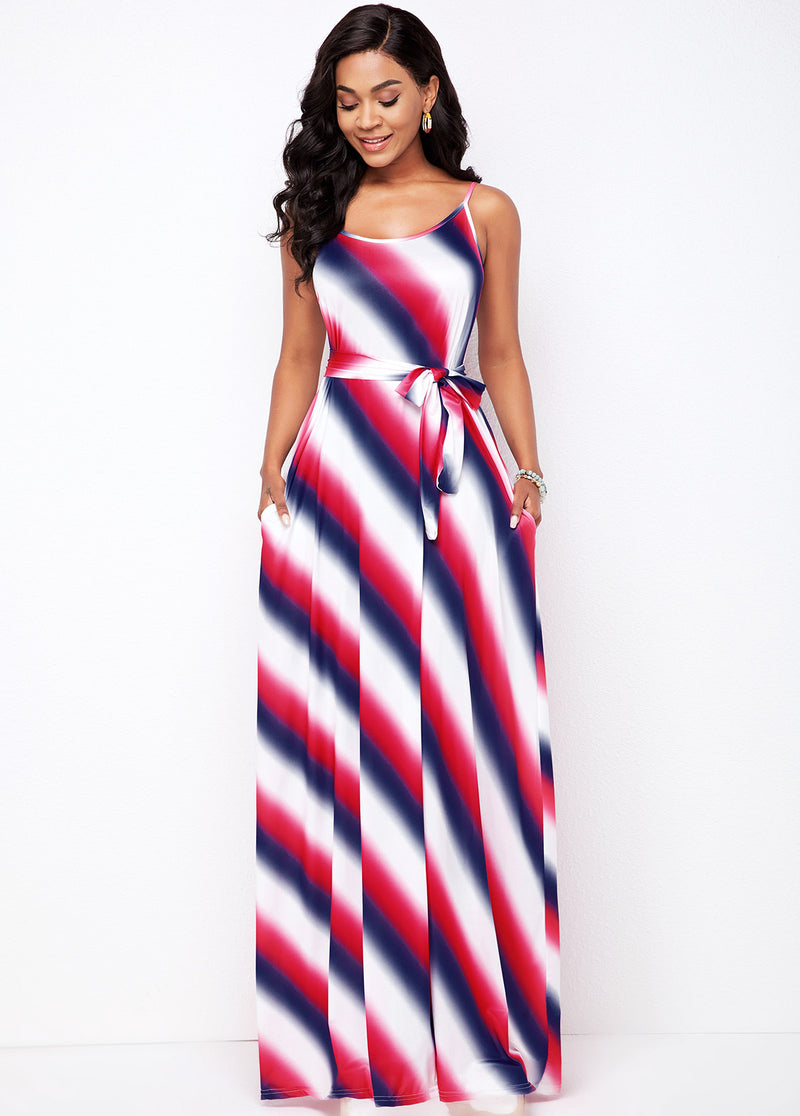 Spaghetti Strap Striped Pocket Detail Dress