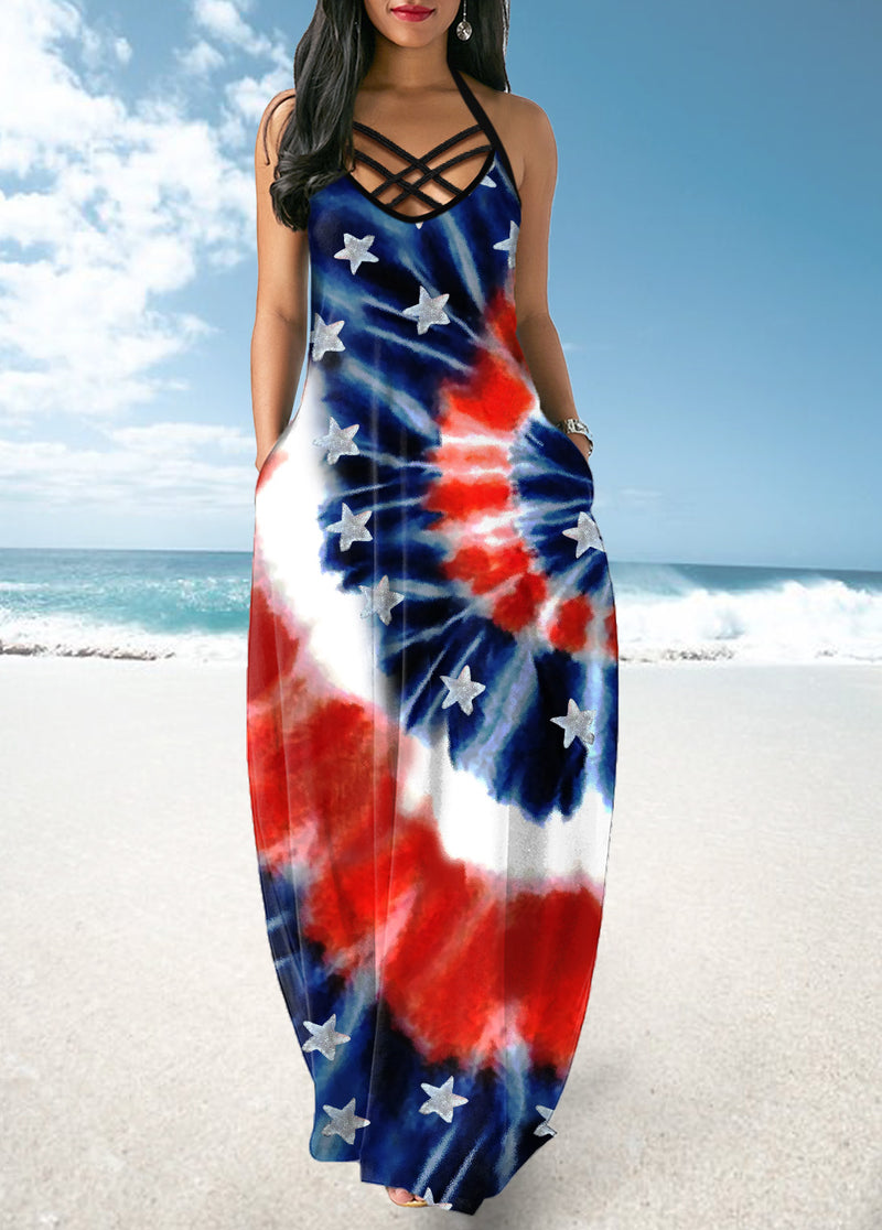 Cross Strap Tie Dye and American Flag Print Maxi Dress