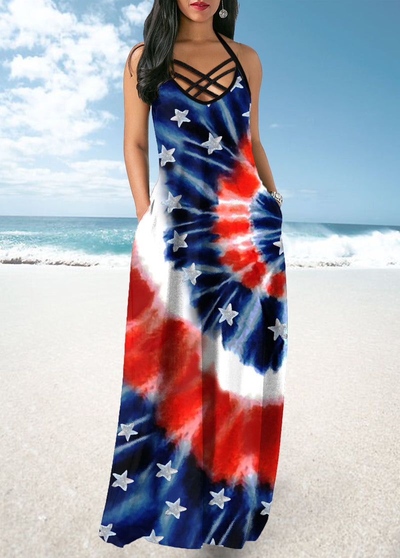 Cross Strap Tie Dye and American Flag Print Maxi Dress