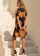 Sunflower Print Cold Shoulder Short Sleeve Dress