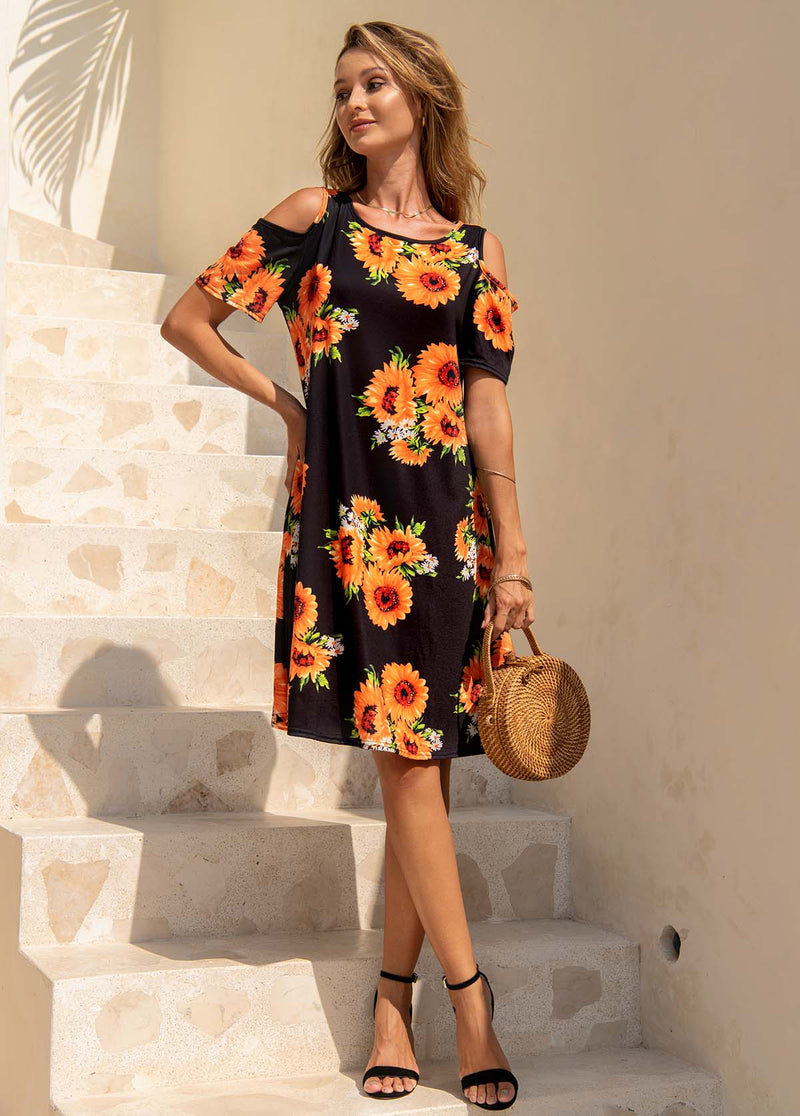 Sunflower Print Cold Shoulder Short Sleeve Dress