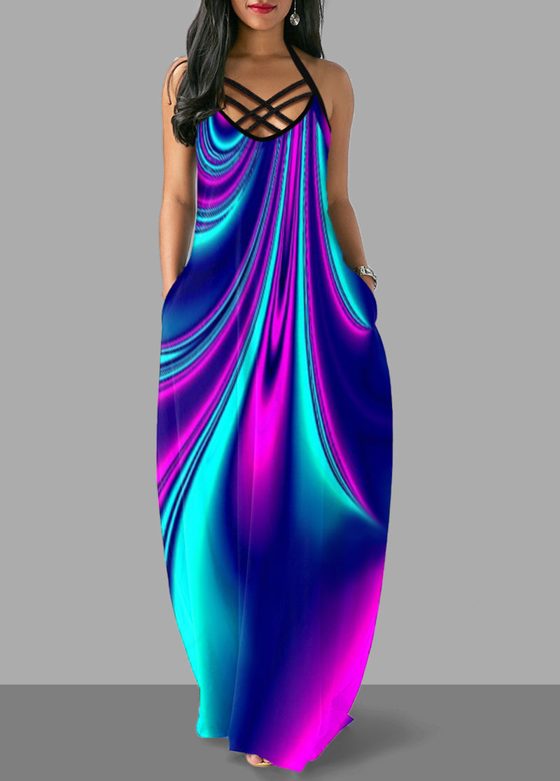 Cross Strap Colorful Pocket Maxi Dress