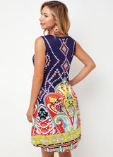 Sleeveless Tribal Print Round Neck Dress