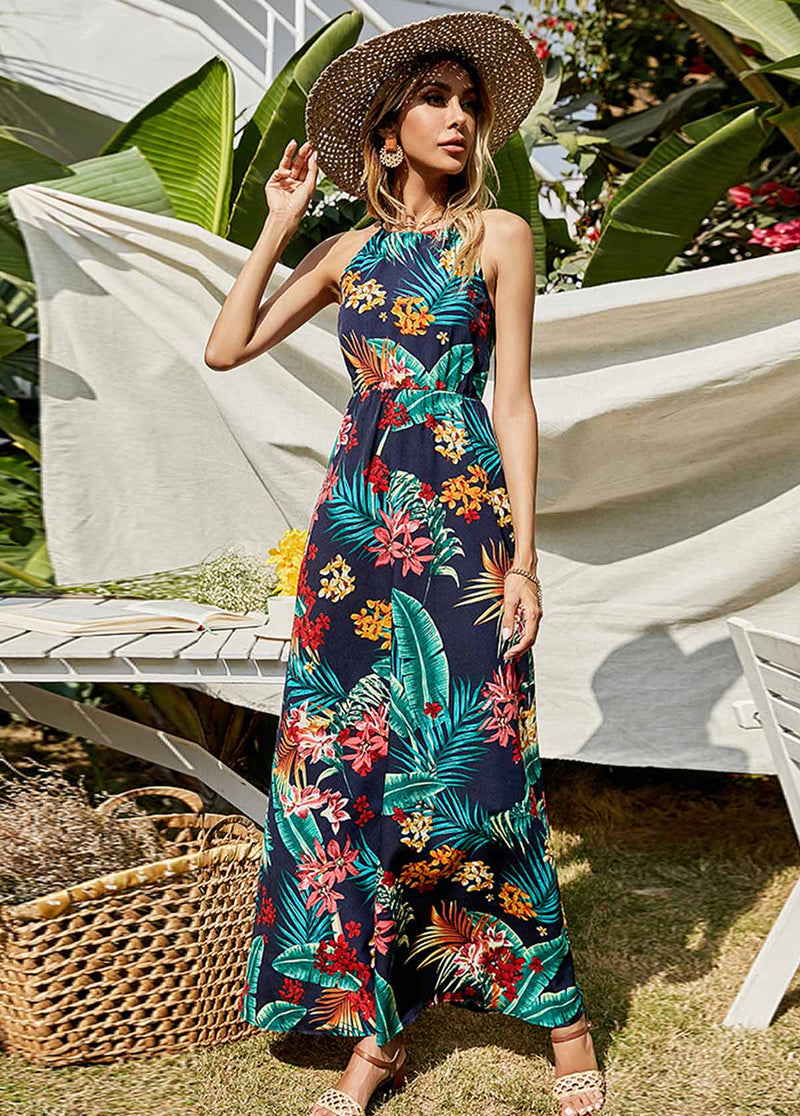 Tropical Print Bib Neck Sleeveless Dress