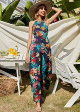 Tropical Print Bib Neck Sleeveless Dress