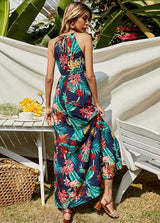 Tropical Print Bib Neck Sleeveless Dress