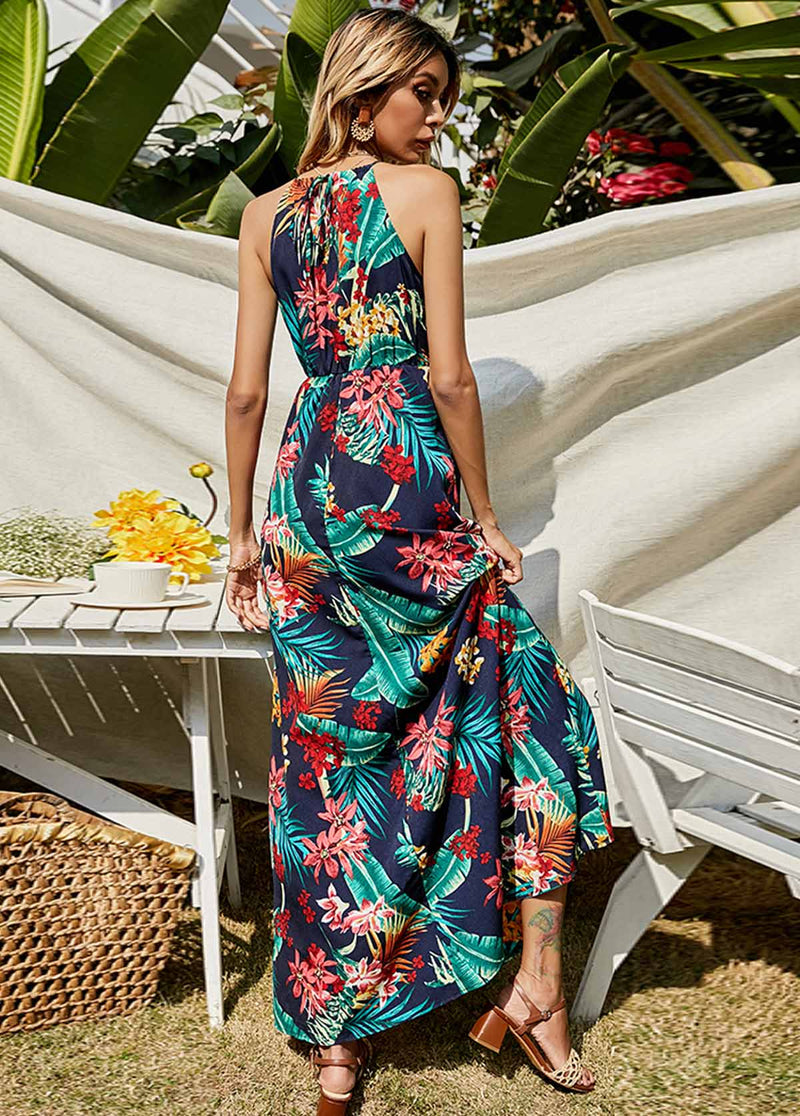Tropical Print Bib Neck Sleeveless Dress