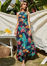 Tropical Print Bib Neck Sleeveless Dress