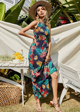 Tropical Print Bib Neck Sleeveless Dress