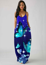 Spaghetti Strap Butterfly Print Pocket Dress