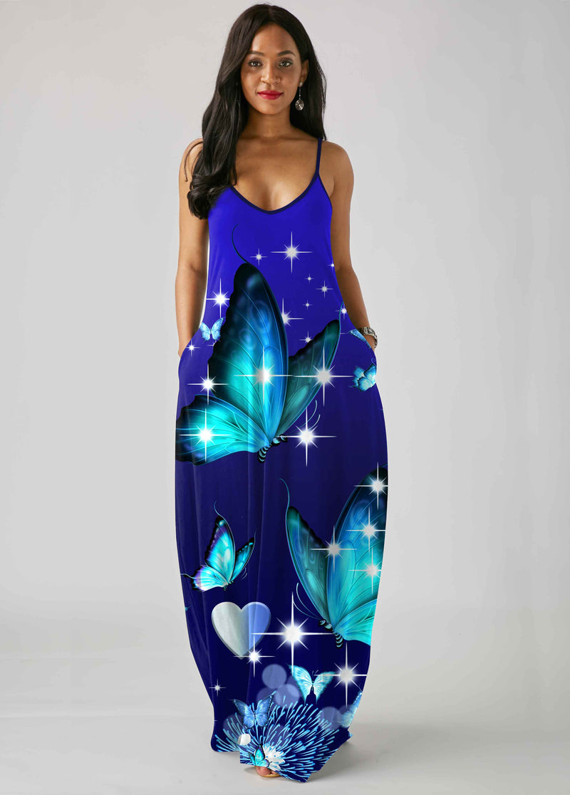 Spaghetti Strap Butterfly Print Pocket Dress