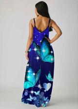 Spaghetti Strap Butterfly Print Pocket Dress