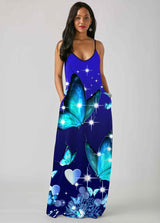 Spaghetti Strap Butterfly Print Pocket Dress