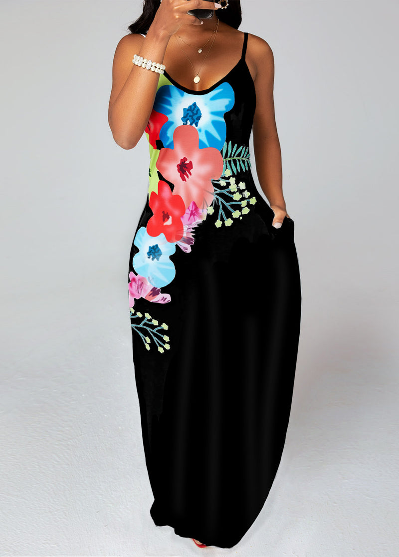 Floral Print Double Pockets Maxi Dress