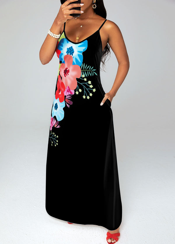 Floral Print Double Pockets Maxi Dress
