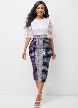 Lace Stitching Geometric Print 3/4 Sleeve Dress