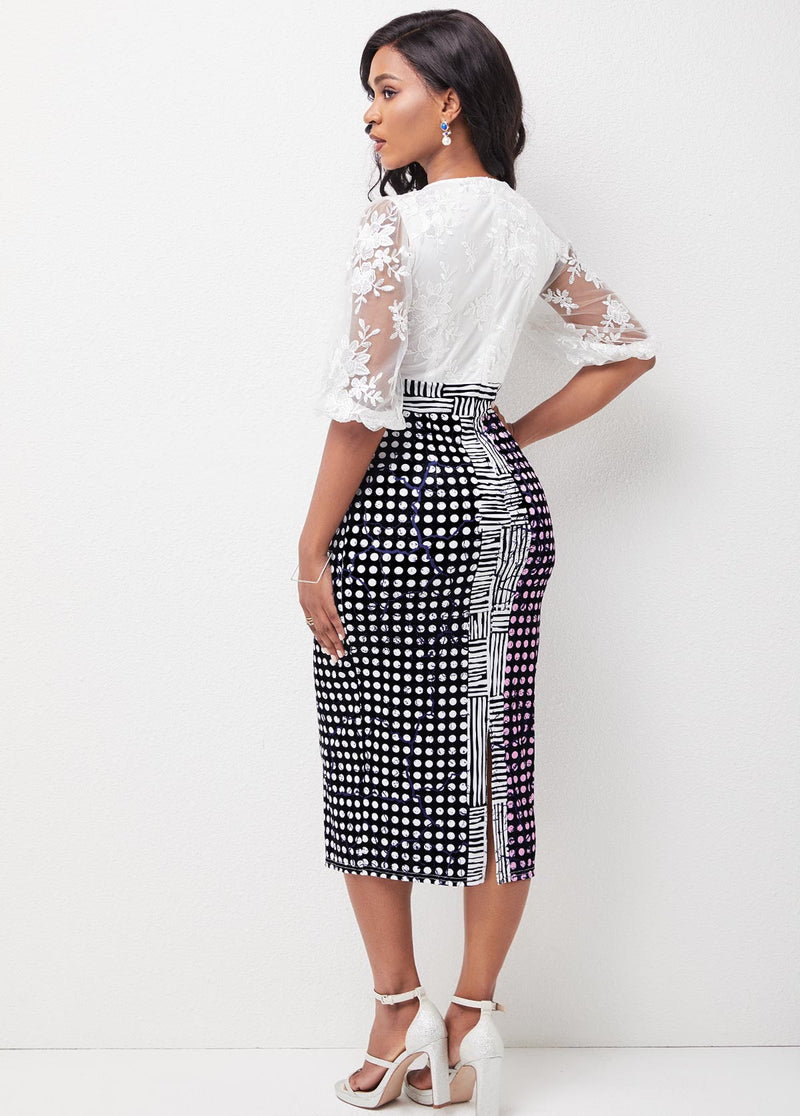 Lace Stitching Geometric Print 3/4 Sleeve Dress