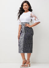 Lace Stitching Geometric Print 3/4 Sleeve Dress