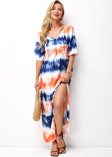 Ombre Pocket Side Slit V Neck Dress