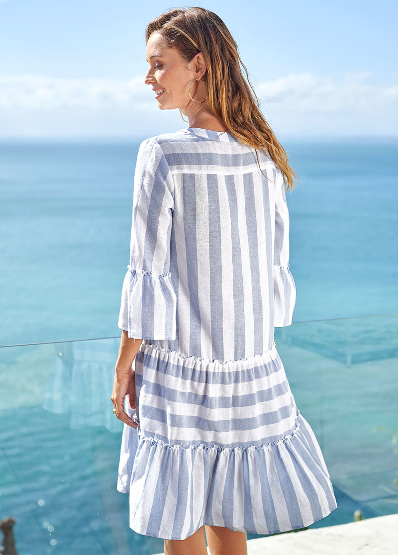 Split Neck Striped Flare Sleeve Dress