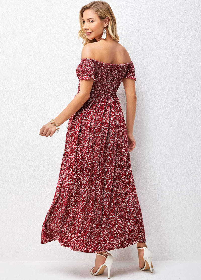 Smocked Off Shoulder Floral Print Dress