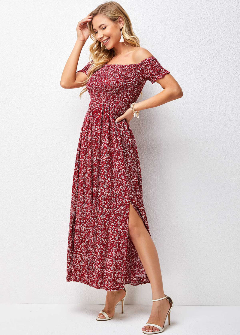 Smocked Off Shoulder Floral Print Dress