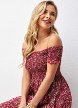 Smocked Off Shoulder Floral Print Dress