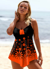 Floral Print Ombre Asymmetric Hem Swimdress and Panty