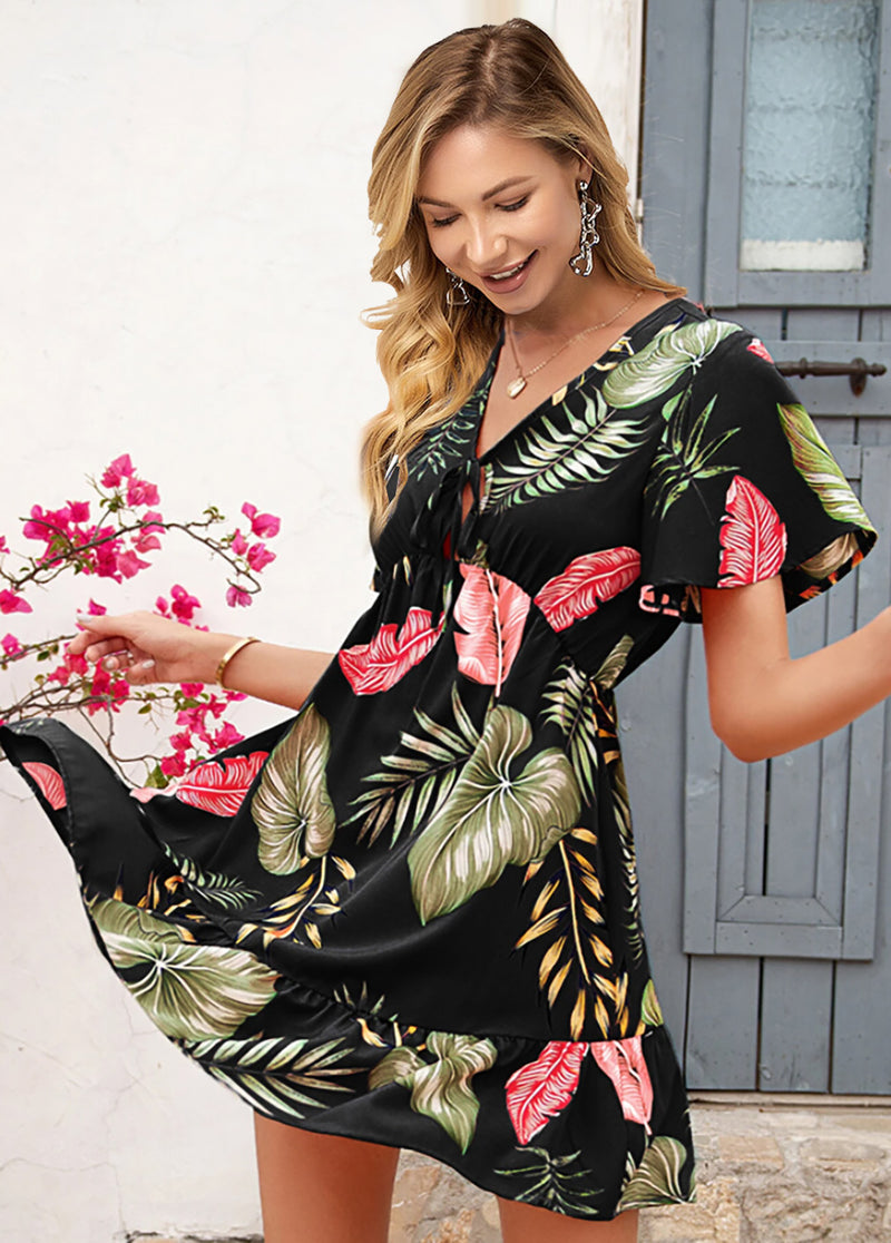 Tropical Print V Neck Short Sleeve Dress
