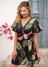 Tropical Print V Neck Short Sleeve Dress