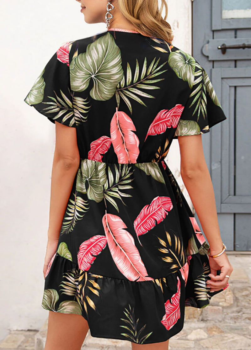 Tropical Print V Neck Short Sleeve Dress