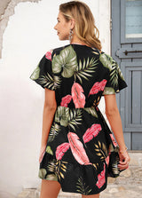 Tropical Print V Neck Short Sleeve Dress