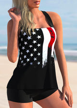 Flag Print Black Cross Strap Tankini Set