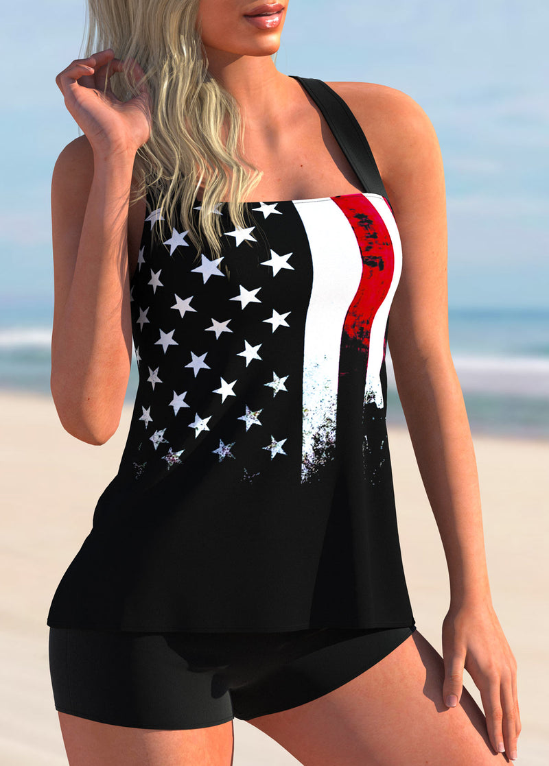 Flag Print Black Cross Strap Tankini Set