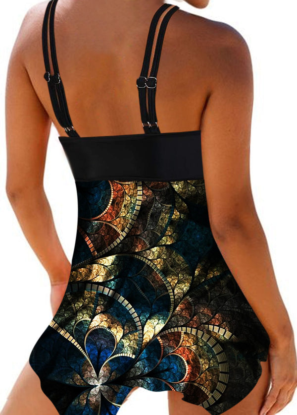 Floral Print Asymmetric Hem Double Straps Swimdress and Shorts