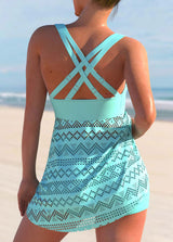 Cyan Lace Stitching Cross Strap Swimdress and Shorts